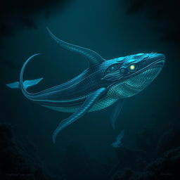 A majestic and ancient deep sea creature moving gracefully through the dark, mysterious depths of the ocean