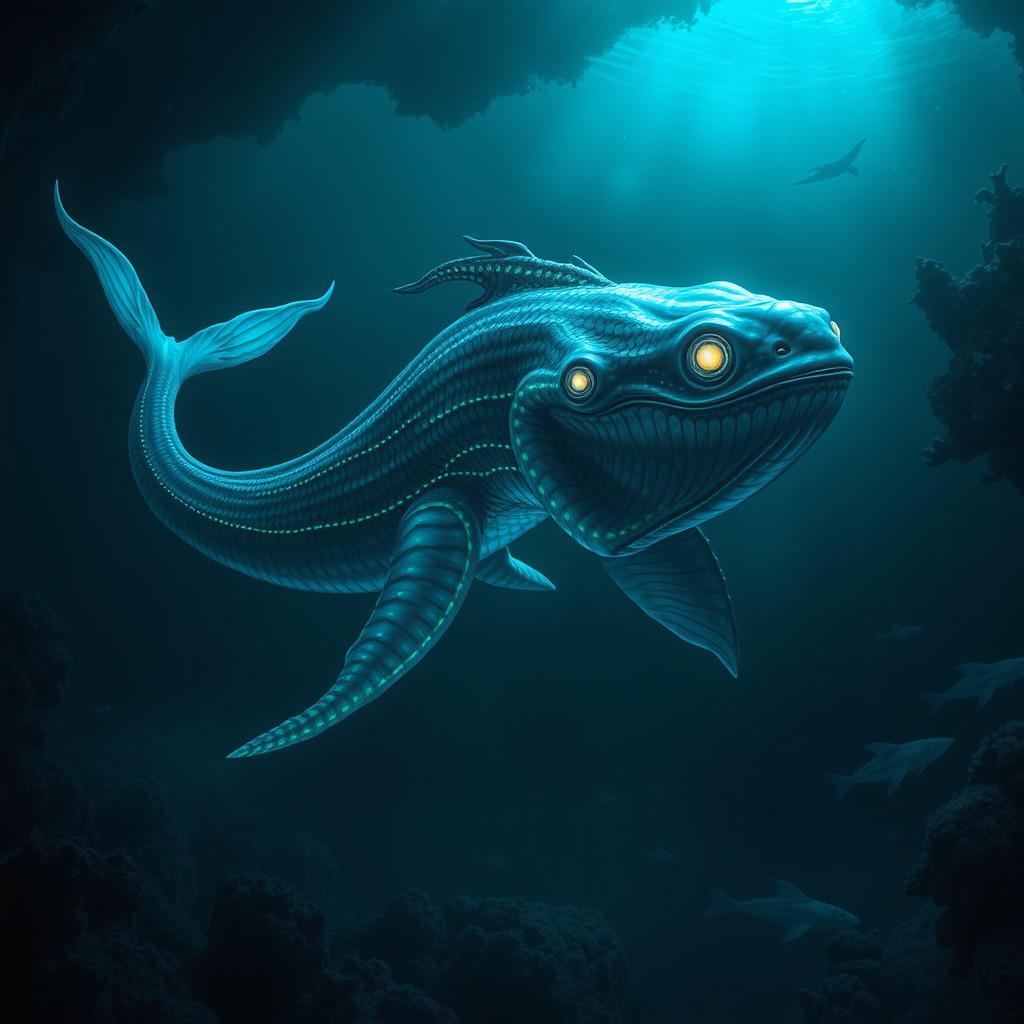 A majestic and ancient deep sea creature moving gracefully through the dark, mysterious depths of the ocean