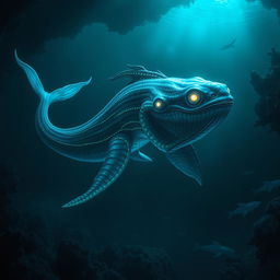 A majestic and ancient deep sea creature moving gracefully through the dark, mysterious depths of the ocean