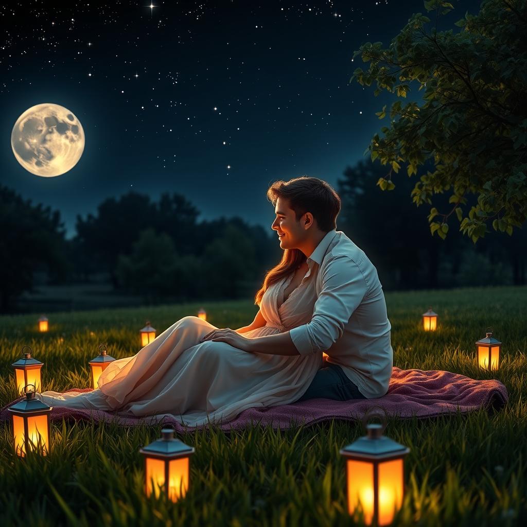 A romantic scene featuring a loving couple under a starlit sky