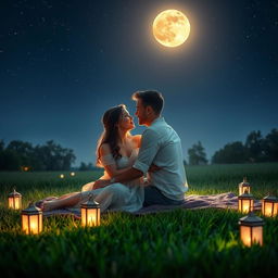 A romantic scene featuring a loving couple under a starlit sky