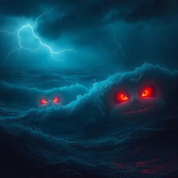 A mysterious dark ocean scene with glowing red eyes emerging from the depths