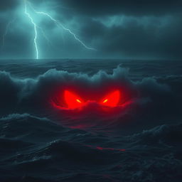 A mysterious dark ocean scene with glowing red eyes emerging from the depths