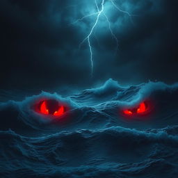 A mysterious dark ocean scene with glowing red eyes emerging from the depths