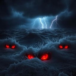 A mysterious dark ocean scene with glowing red eyes emerging from the depths