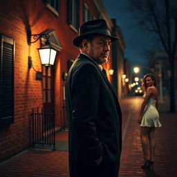 A man resembling Kevin Spacey in stature, dressed in a dark business suit and a dark fedora hat, leans against a red brick colonial-style building