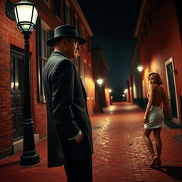 A man resembling Kevin Spacey in stature, dressed in a dark business suit and a dark fedora hat, leans against a red brick colonial-style building