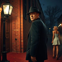 A man resembling Kevin Spacey in stature, dressed in a dark business suit and a dark fedora hat, leans against a red brick colonial-style building