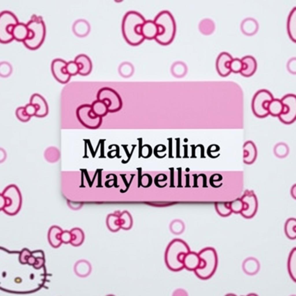 A name badge with a Hello Kitty themed background, center aligned with the name 'Maybelline'