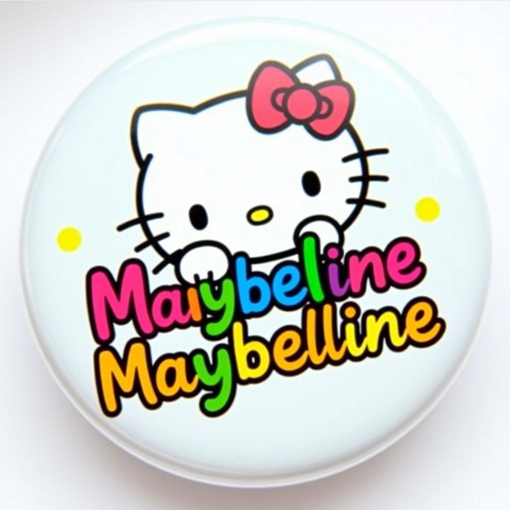 colorful Hello Kitty artwork featuring the name 'Maybelline' in a cute and playful style, incorporating bright and vibrant colors with a cheerful and whimsical design perfect for a badge