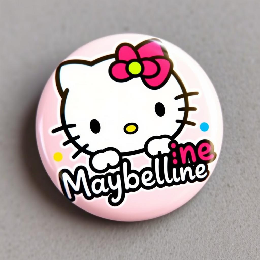 colorful Hello Kitty artwork featuring the name 'Maybelline' in a cute and playful style, incorporating bright and vibrant colors with a cheerful and whimsical design perfect for a badge