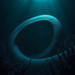 In the mysterious and dark depths of the ocean, a massive serpent-like creature lurks in the shadows