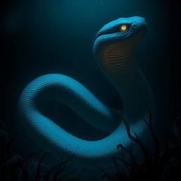 In the mysterious and dark depths of the ocean, a massive serpent-like creature lurks in the shadows