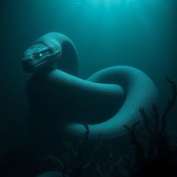 In the mysterious and dark depths of the ocean, a massive serpent-like creature lurks in the shadows