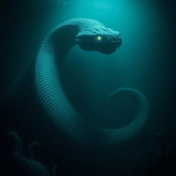 In the mysterious and dark depths of the ocean, a massive serpent-like creature lurks in the shadows