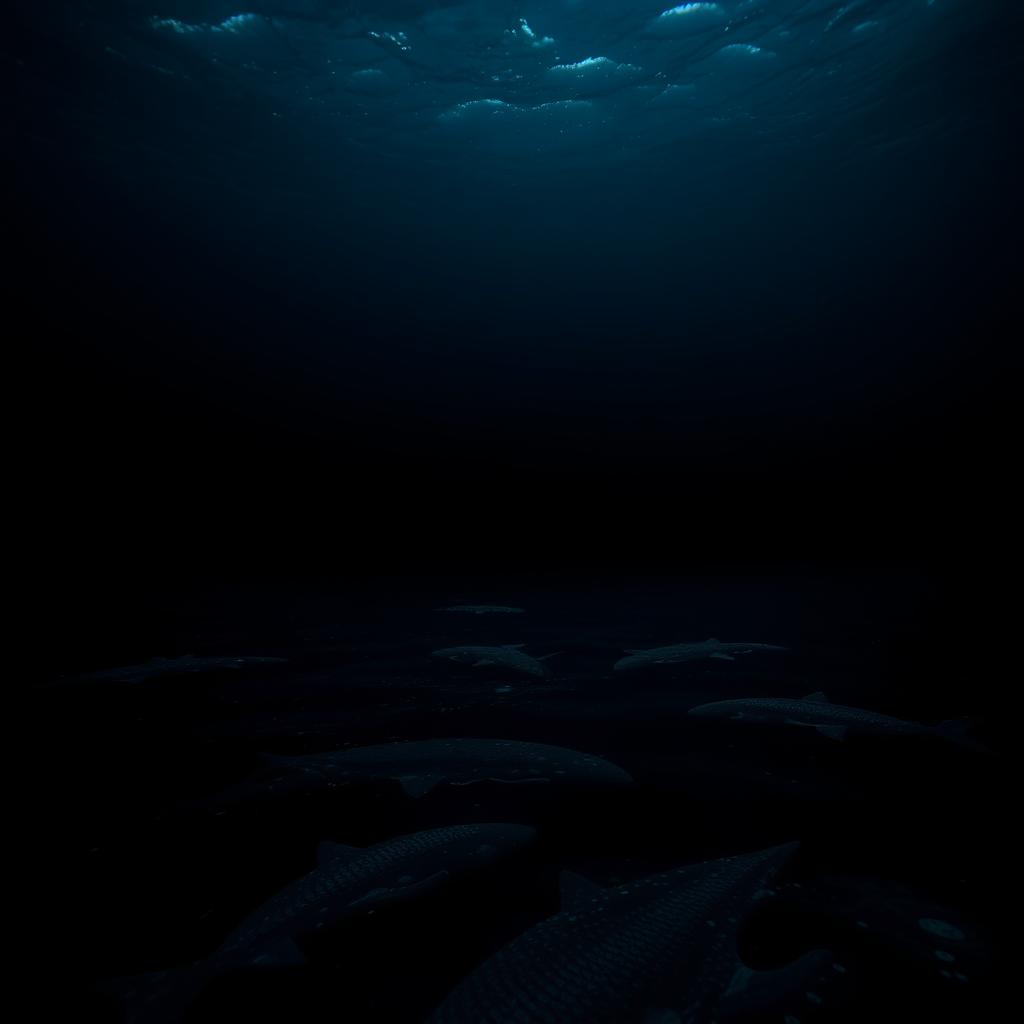 In the pitch-black depths of the ocean where no light penetrates, the scene is engulfed in complete darkness