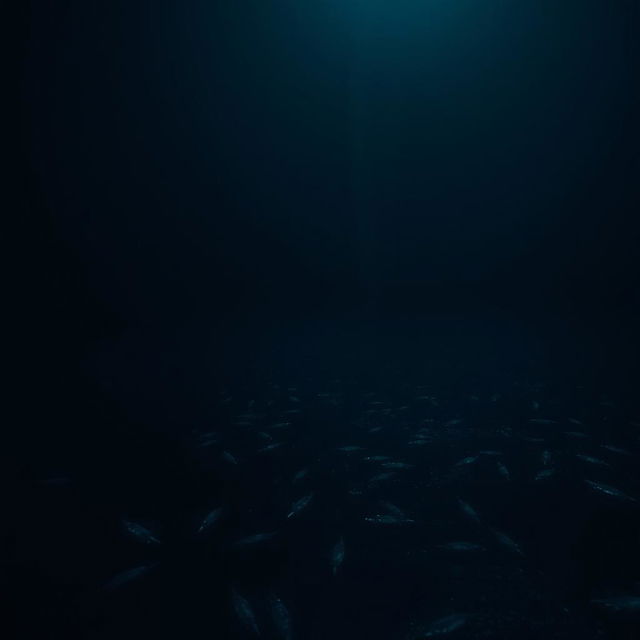 In the pitch-black depths of the ocean where no light penetrates, the scene is engulfed in complete darkness