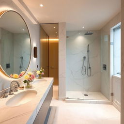 A modern, luxurious bathroom interior with marble countertops, a large circular mirror, and elegant silver fixtures