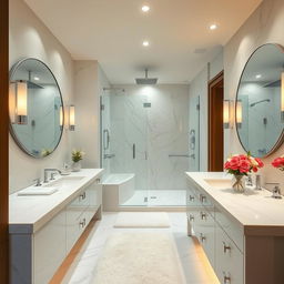 A modern, luxurious bathroom interior with marble countertops, a large circular mirror, and elegant silver fixtures