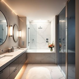 A modern, luxurious bathroom interior with marble countertops, a large circular mirror, and elegant silver fixtures