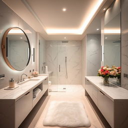 A modern, luxurious bathroom interior with marble countertops, a large circular mirror, and elegant silver fixtures