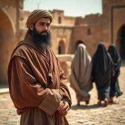 A bearded Muslim man in ancient attire, standing in a historical setting