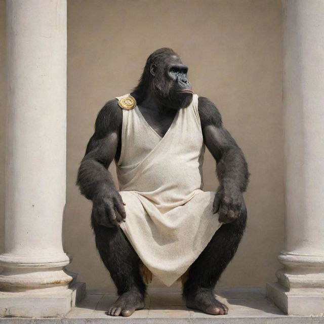 A clever twist on King Kong, as a philosopher dressed in a classic Greek toga, contemplates deep thoughts, perhaps about existence, freedom and bananas.