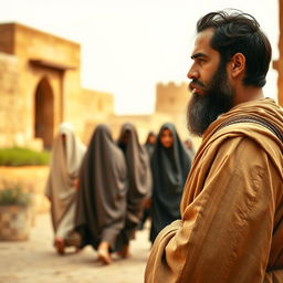 A bearded Muslim man in ancient attire, standing in a historical setting