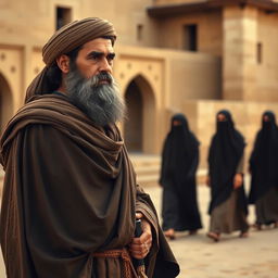 A bearded Muslim man in ancient attire, standing in a historical setting