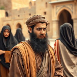 A bearded Muslim man in ancient attire, standing in a historical setting