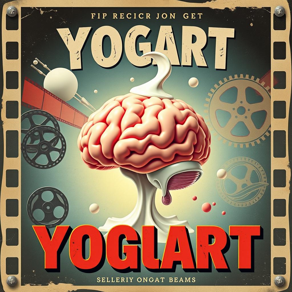 A vintage movie poster design featuring a surreal and abstract rendition of a brain transforming into yogurt, evoking the classic film poster style of the 1950s