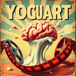 A vintage movie poster design featuring a surreal and abstract rendition of a brain transforming into yogurt, evoking the classic film poster style of the 1950s