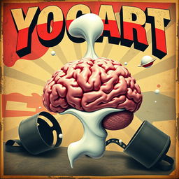 A vintage movie poster design featuring a surreal and abstract rendition of a brain transforming into yogurt, evoking the classic film poster style of the 1950s