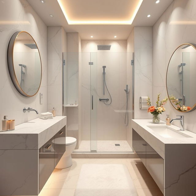 A modern, luxurious bathroom interior with dimensions 160 cm by 160 cm