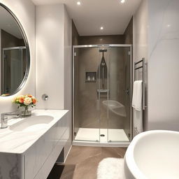 A modern, luxurious bathroom interior with dimensions 160 cm by 160 cm