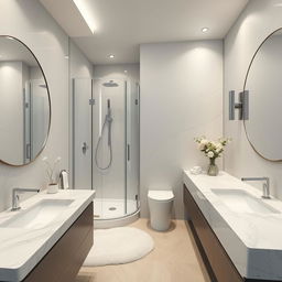 A modern, luxurious bathroom interior with dimensions 160 cm by 160 cm