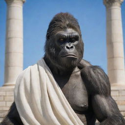 A clever twist on King Kong, as a philosopher dressed in a classic Greek toga, contemplates deep thoughts, perhaps about existence, freedom and bananas.