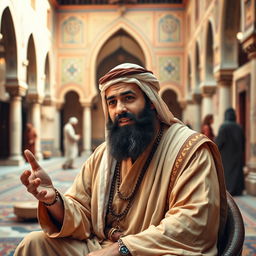 A bearded Muslim man in ancient, traditional Arabian attire, sitting in a historical setting resembling a Middle Eastern courtyard