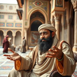 A bearded Muslim man in ancient, traditional Arabian attire, sitting in a historical setting resembling a Middle Eastern courtyard