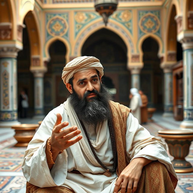 A bearded Muslim man in ancient, traditional Arabian attire, sitting in a historical setting resembling a Middle Eastern courtyard