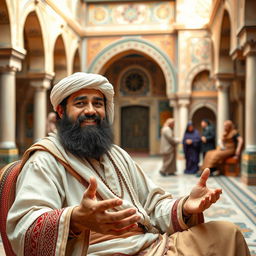 A bearded Muslim man in ancient, traditional Arabian attire, sitting in a historical setting resembling a Middle Eastern courtyard