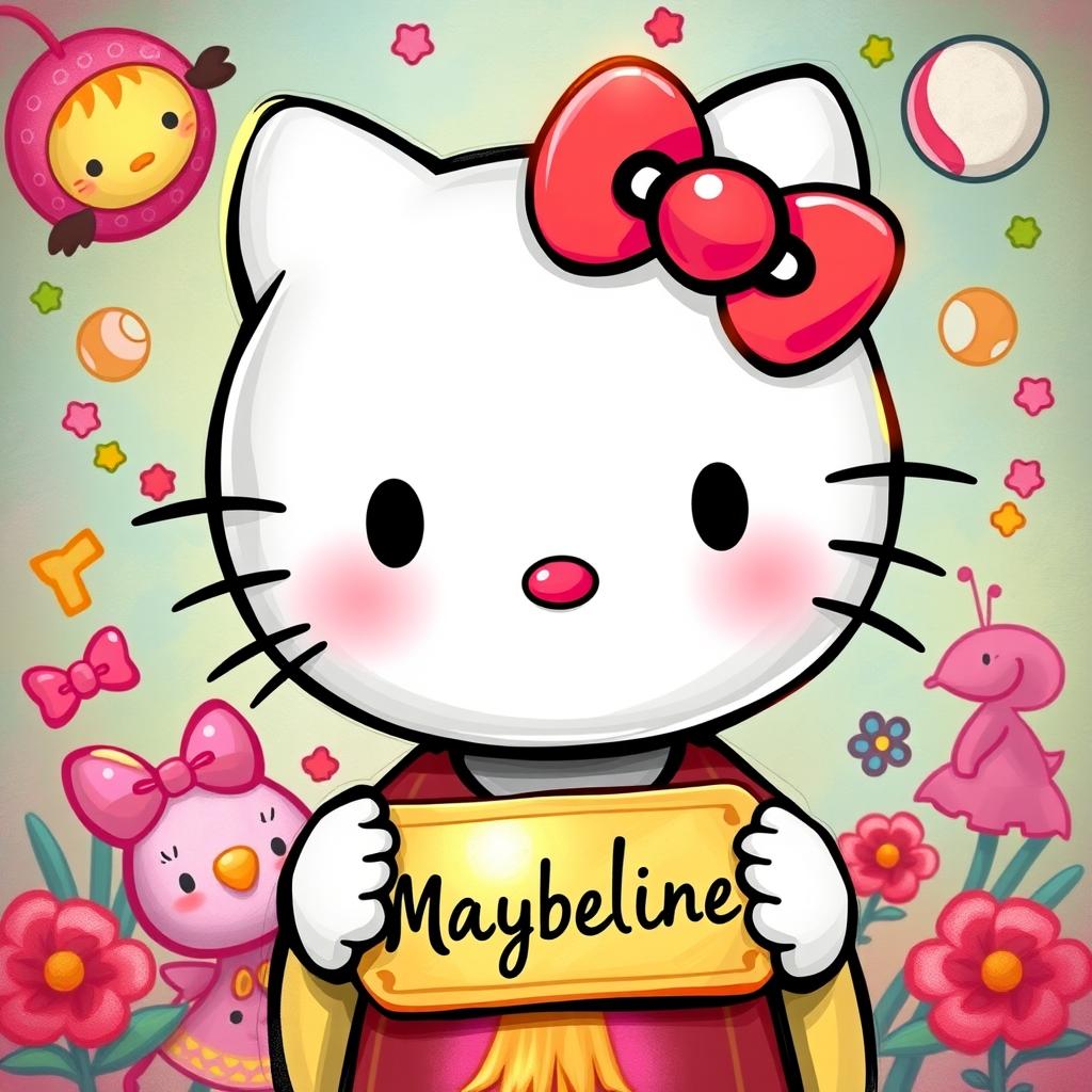 A digital artwork featuring the character Hello Kitty, styled as a playful and whimsical piece titled 'Capricho de Bigotes'