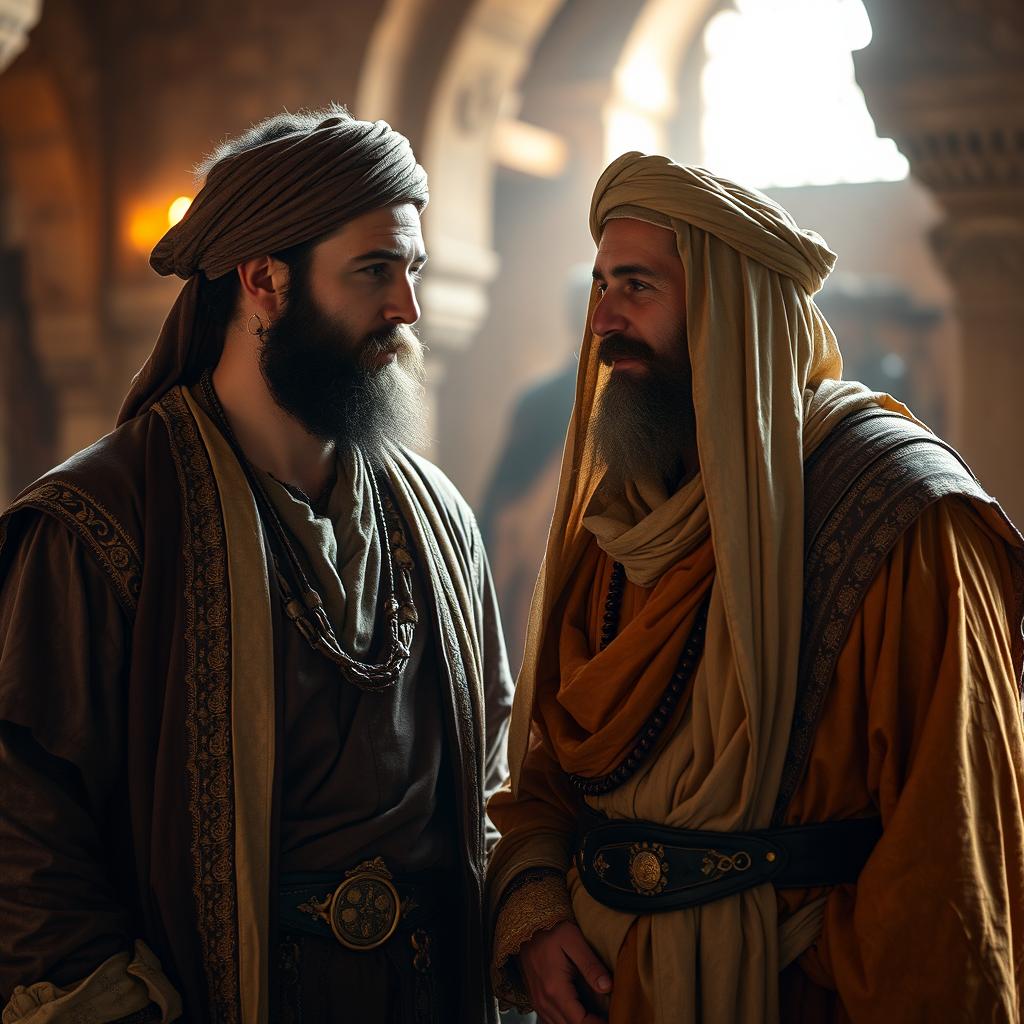 A bearded Muslim man wearing traditional ancient attire, engaging in a close conversation with his brother