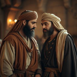 A bearded Muslim man wearing traditional ancient attire, engaging in a close conversation with his brother