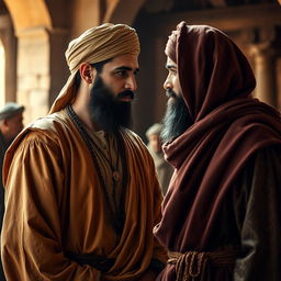 A bearded Muslim man wearing traditional ancient attire, engaging in a close conversation with his brother