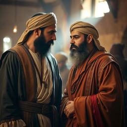 A bearded Muslim man wearing traditional ancient attire, engaging in a close conversation with his brother