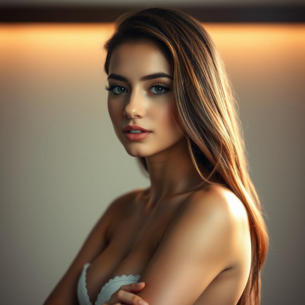 A confident and alluring young woman with a captivating presence, emphasizing her attractive features including a sensual posture and an empowering aura, set against a softly lit backdrop that enhances her elegance and allure