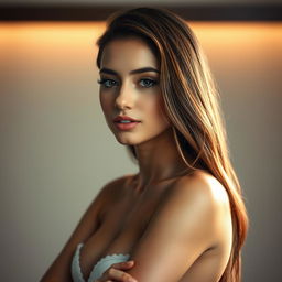 A confident and alluring young woman with a captivating presence, emphasizing her attractive features including a sensual posture and an empowering aura, set against a softly lit backdrop that enhances her elegance and allure