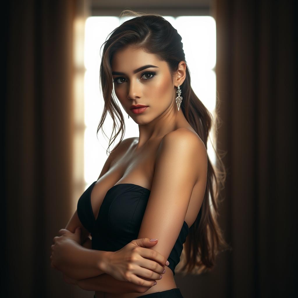 A confident and alluring young woman with a captivating presence, emphasizing her attractive features including a sensual posture and an empowering aura, set against a softly lit backdrop that enhances her elegance and allure