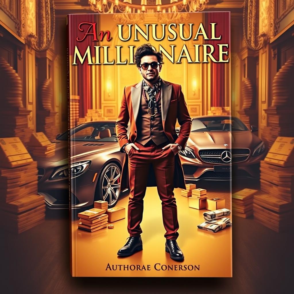 A captivating book cover featuring a charismatic and unconventional millionaire standing confidently in a lavish, extravagant setting